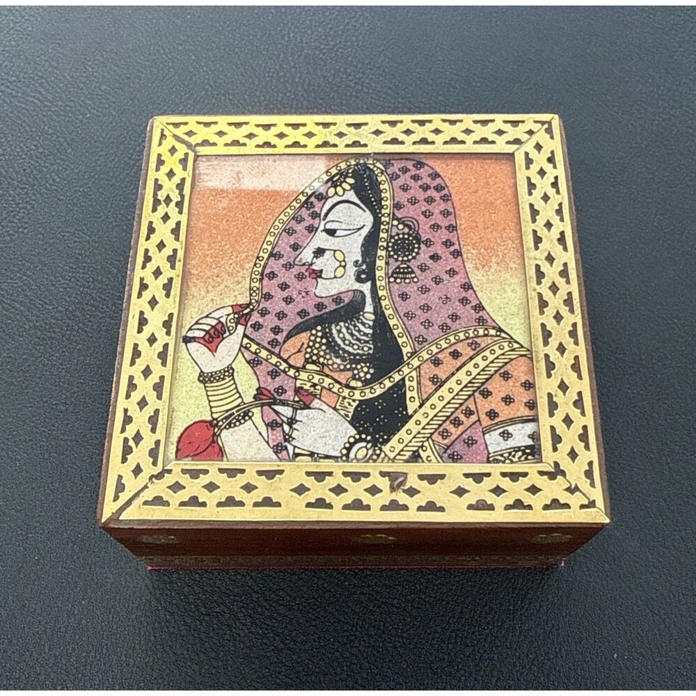Indian Hinged Trinket Wood Box Painting Woman 3.25in x 3.25in Made In India